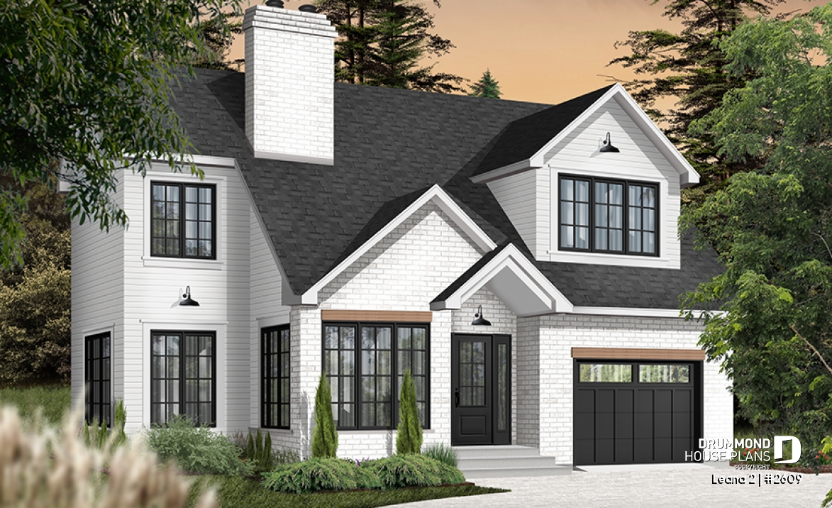 front - BASE MODEL - House with garage, 3 bedrooms + office, master suite upstairs, wood fireplace and single garage - Leana 2