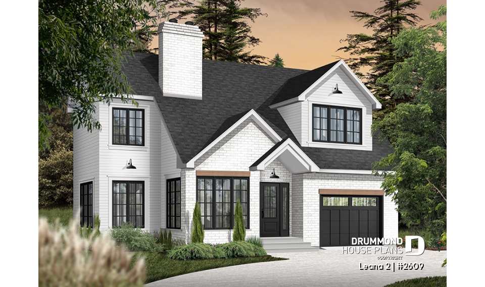front - BASE MODEL - House with garage, 3 bedrooms + office, master suite upstairs, wood fireplace and single garage - Leana 2