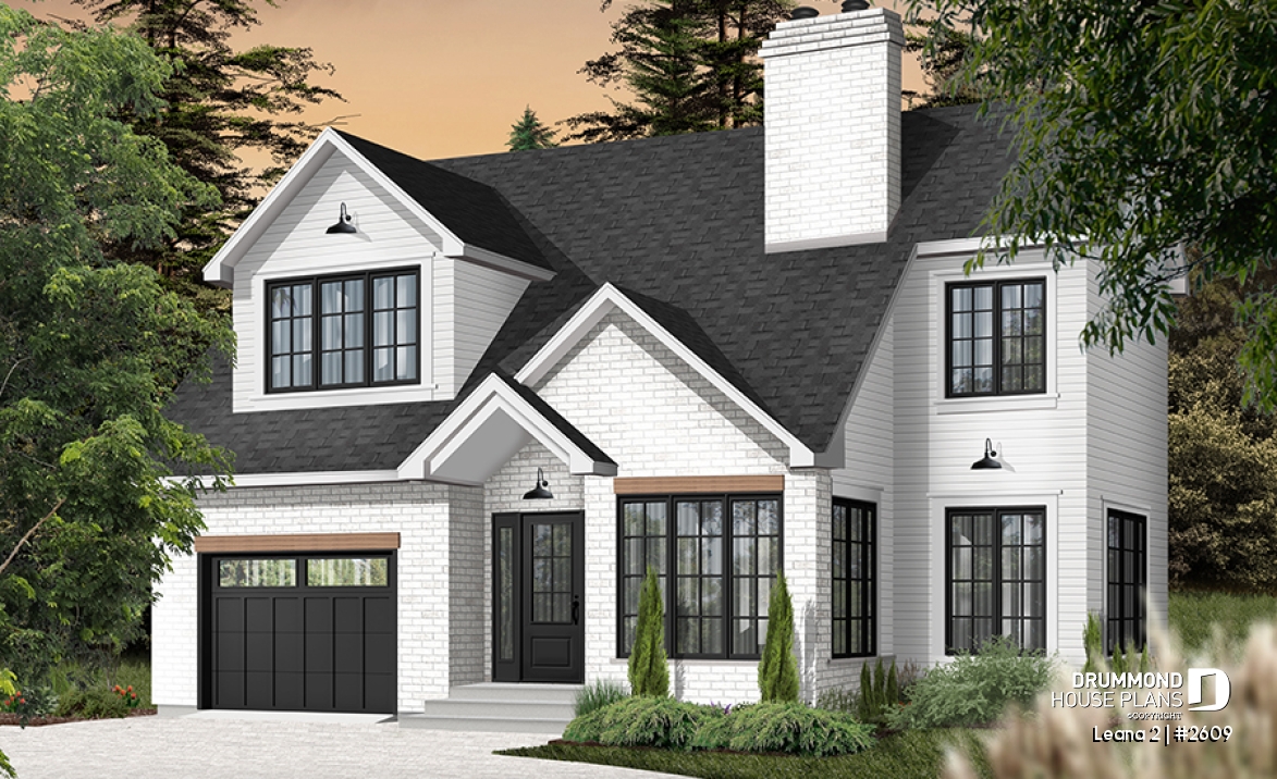 front - BASE MODEL - House with garage, 3 bedrooms + office, master suite upstairs, wood fireplace and single garage - Leana 2