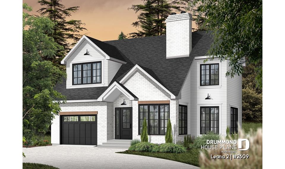 front - BASE MODEL - House with garage, 3 bedrooms + office, master suite upstairs, wood fireplace and single garage - Leana 2