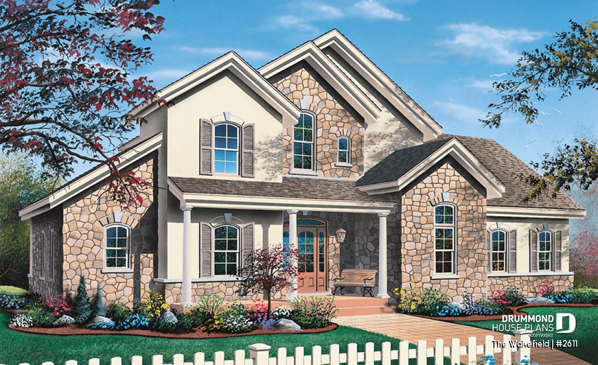 front - BASE MODEL - Large 3 to 4 bedroom house plan, master suite on main, 2-car garage, cathedral ceiling, solarium - The Wakefield
