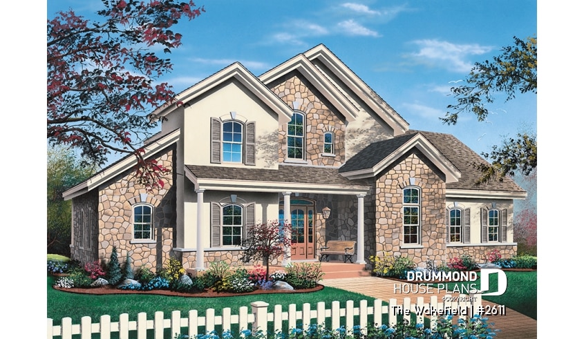 front - BASE MODEL - Large 3 to 4 bedroom house plan, master suite on main, 2-car garage, cathedral ceiling, solarium - The Wakefield