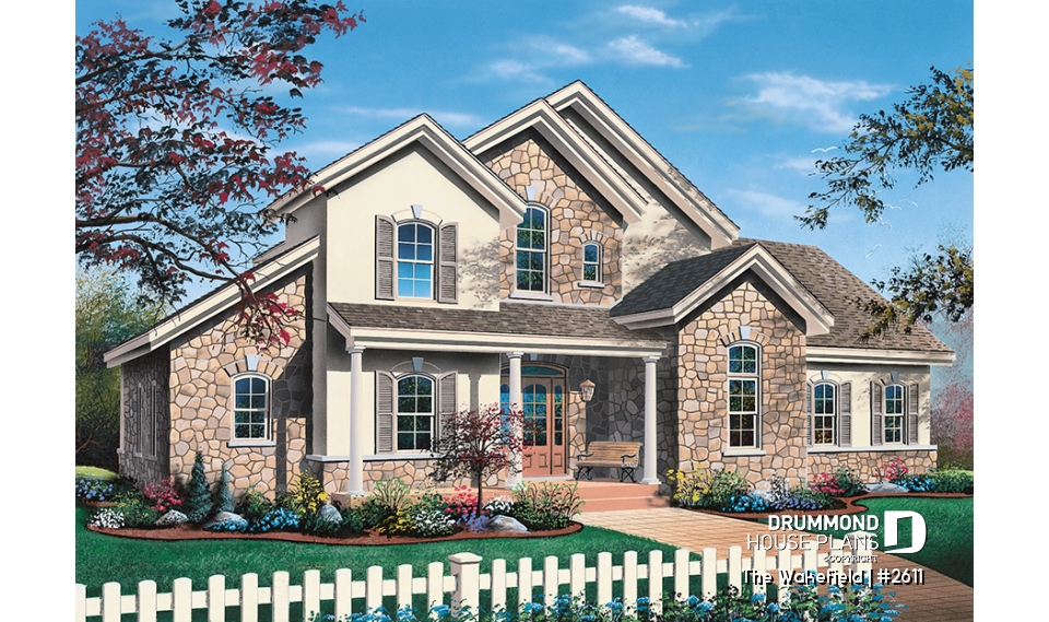 front - BASE MODEL - Large 3 to 4 bedroom house plan, master suite on main, 2-car garage, cathedral ceiling, solarium - The Wakefield