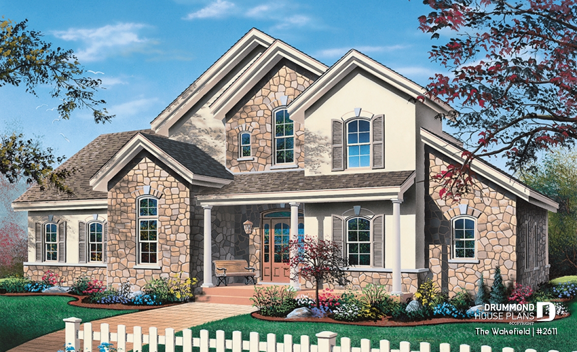 front - BASE MODEL - Large 3 to 4 bedroom house plan, master suite on main, 2-car garage, cathedral ceiling, solarium - The Wakefield
