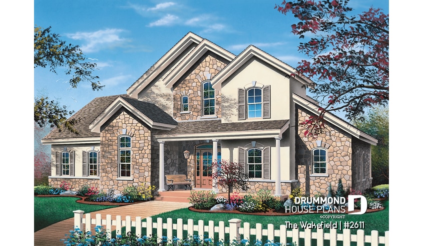 front - BASE MODEL - Large 3 to 4 bedroom house plan, master suite on main, 2-car garage, cathedral ceiling, solarium - The Wakefield