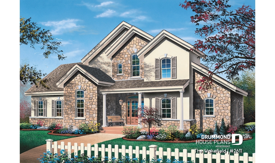 front - BASE MODEL - Large 3 to 4 bedroom house plan, master suite on main, 2-car garage, cathedral ceiling, solarium - The Wakefield