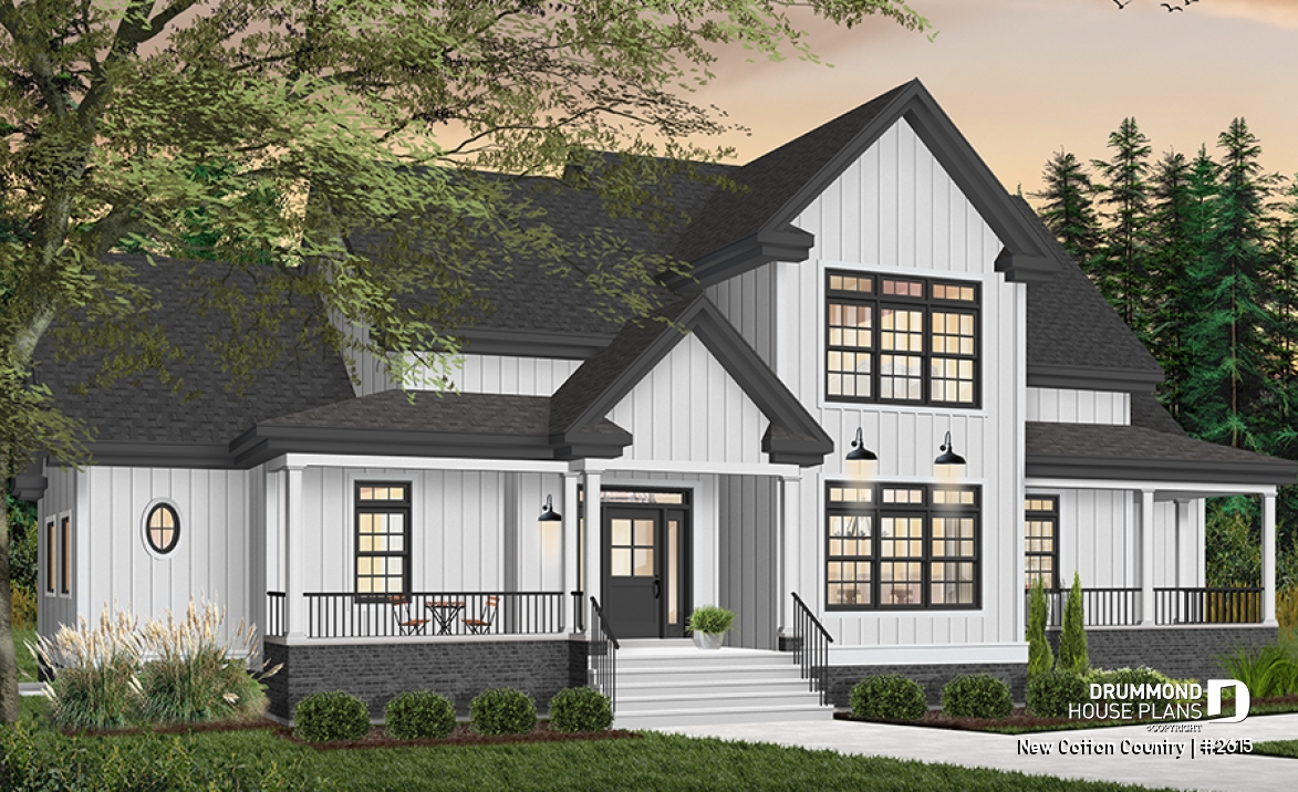 Color version 1 - Front - 2 master suites house plan, 4 bedrooms. 4 bathrooms, 2-car garage, large family room, formal dining room - New Cotton Country