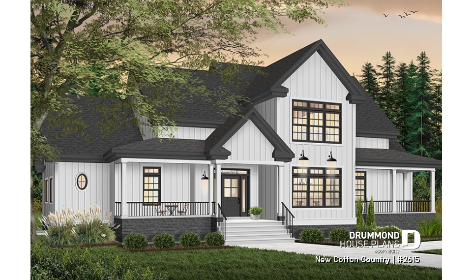 Color version 1 - Front - 2 master suites house plan, 4 bedrooms. 4 bathrooms, 2-car garage, large family room, formal dining room - New Cotton Country