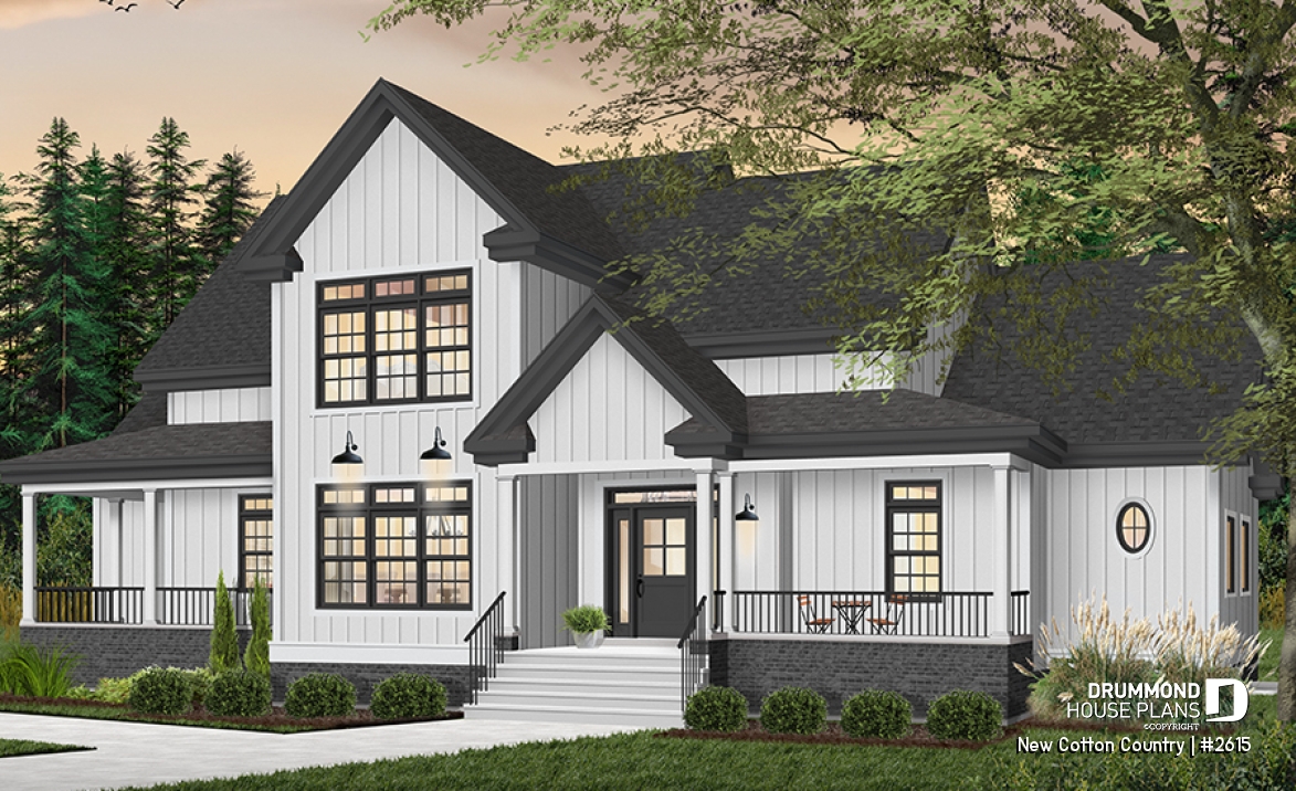 Color version 1 - Front - 2 master suites house plan, 4 bedrooms. 4 bathrooms, 2-car garage, large family room, formal dining room - New Cotton Country
