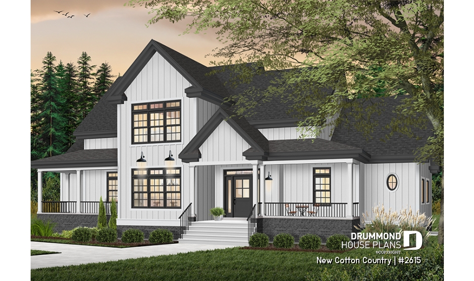 Color version 1 - Front - 2 master suites house plan, 4 bedrooms. 4 bathrooms, 2-car garage, large family room, formal dining room - New Cotton Country