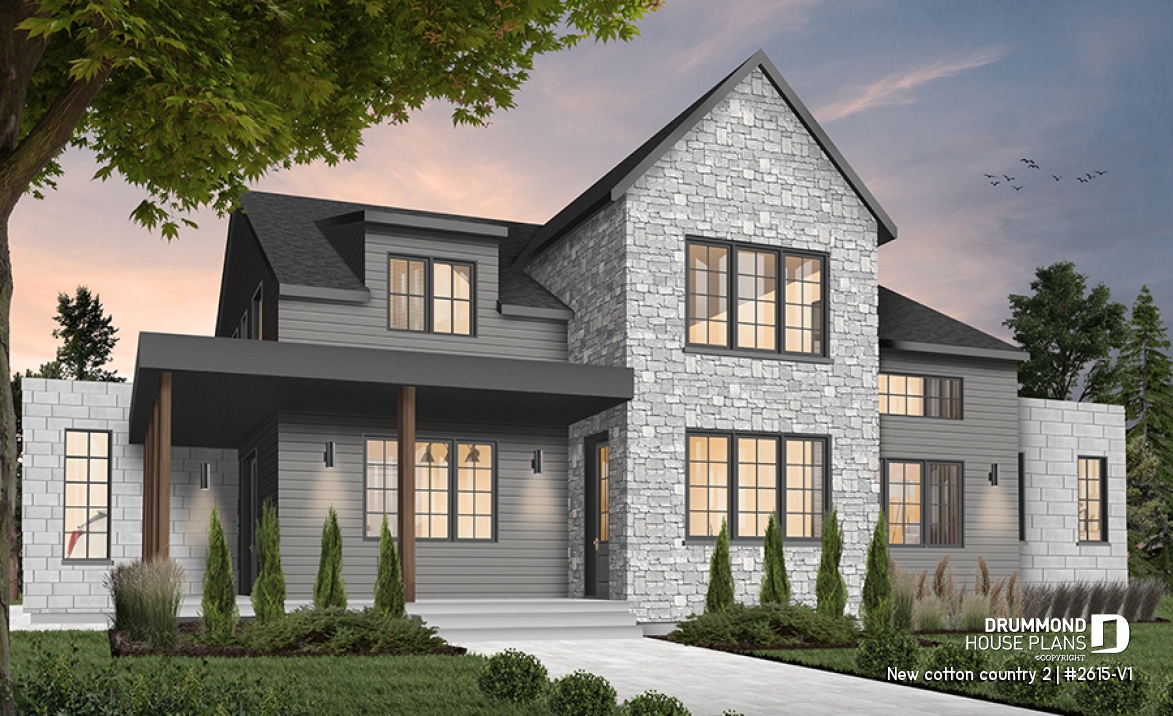 Color version 5 - Front - Modern farmhouse plan, 4 bedrooms, 3.5 baths, master suite on main floor, large terrace, pantry, fireplace - New cotton country 2