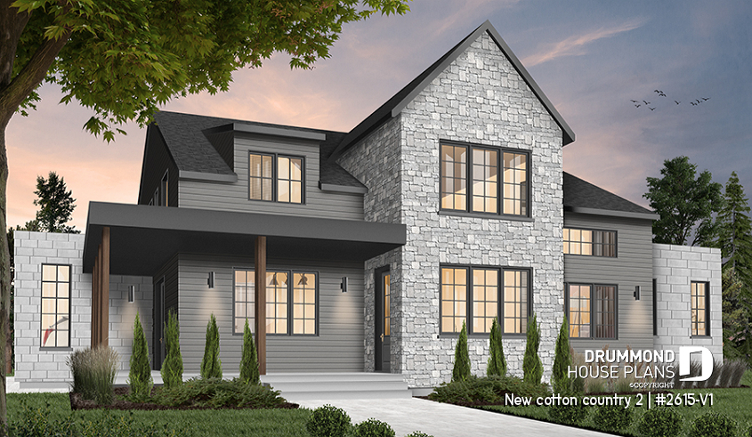 Color version 5 - Front - Modern farmhouse plan, 4 bedrooms, 3.5 baths, master suite on main floor, large terrace, pantry, fireplace - New cotton country 2