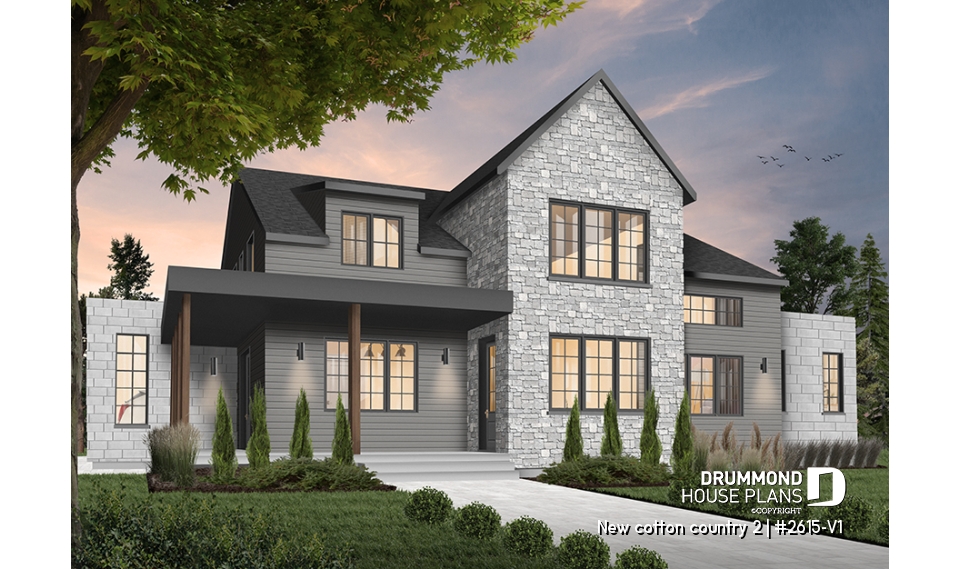 Color version 5 - Front - Modern farmhouse plan, 4 bedrooms, 3.5 baths, master suite on main floor, large terrace, pantry, fireplace - New cotton country 2