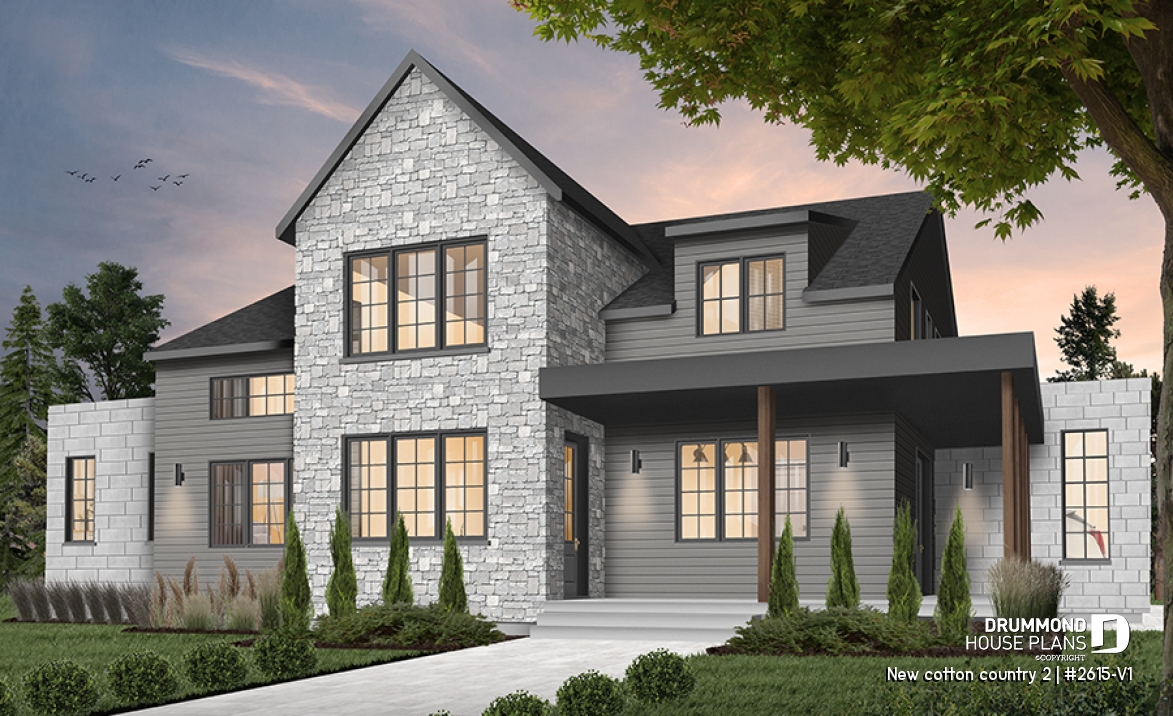 Color version 5 - Front - Modern farmhouse plan, 4 bedrooms, 3.5 baths, master suite on main floor, large terrace, pantry, fireplace - New cotton country 2