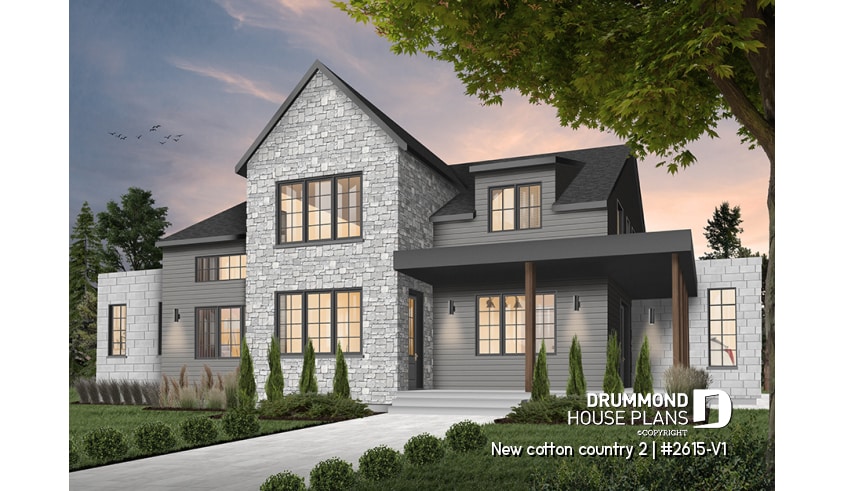 Color version 5 - Front - Modern farmhouse plan, 4 bedrooms, 3.5 baths, master suite on main floor, large terrace, pantry, fireplace - New cotton country 2