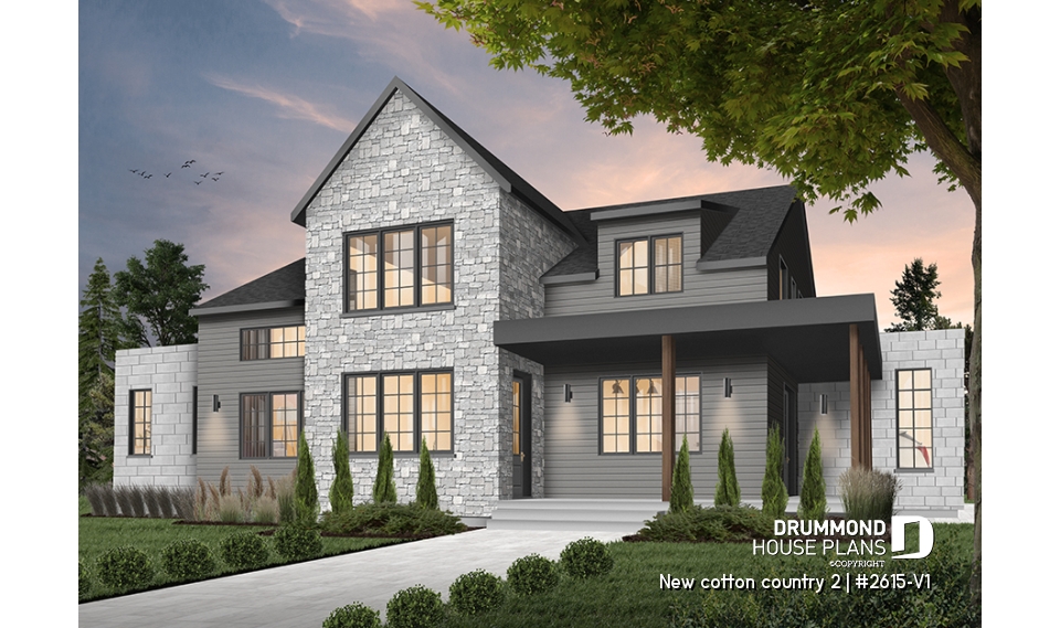 Color version 5 - Front - Modern farmhouse plan, 4 bedrooms, 3.5 baths, master suite on main floor, large terrace, pantry, fireplace - New cotton country 2