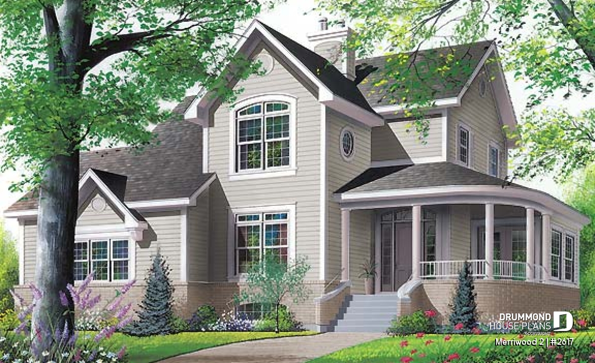 front - BASE MODEL - Country affordable 4 bedrooms home plan, master suite on main floor with private balcony, solarium room - Merriwood 2