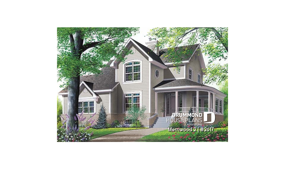 front - BASE MODEL - Country affordable 4 bedrooms home plan, master suite on main floor with private balcony, solarium room - Merriwood 2