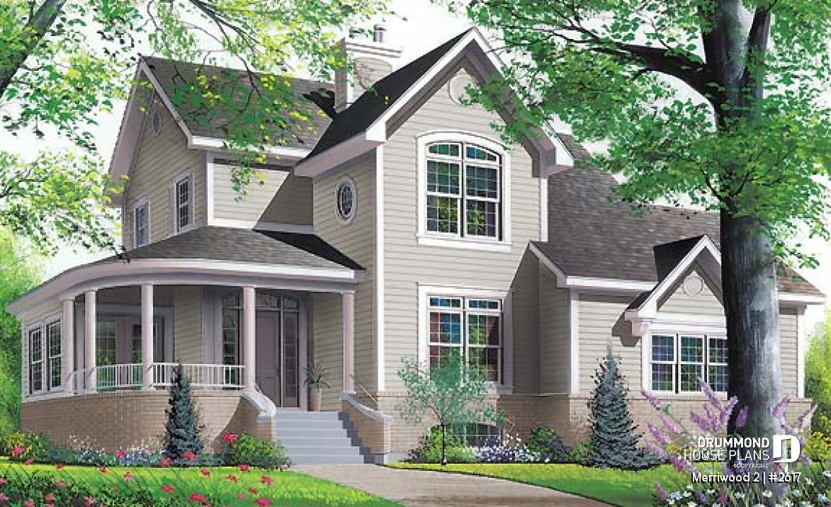 front - BASE MODEL - Country affordable 4 bedrooms home plan, master suite on main floor with private balcony, solarium room - Merriwood 2