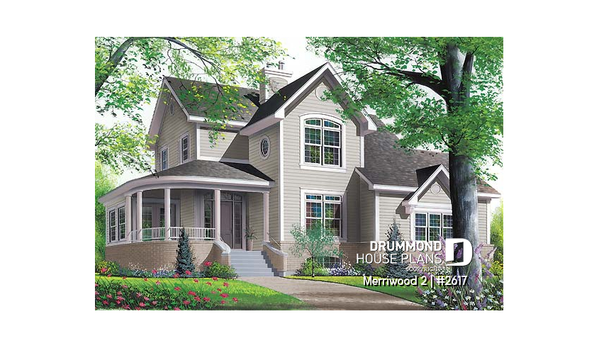 front - BASE MODEL - Country affordable 4 bedrooms home plan, master suite on main floor with private balcony, solarium room - Merriwood 2