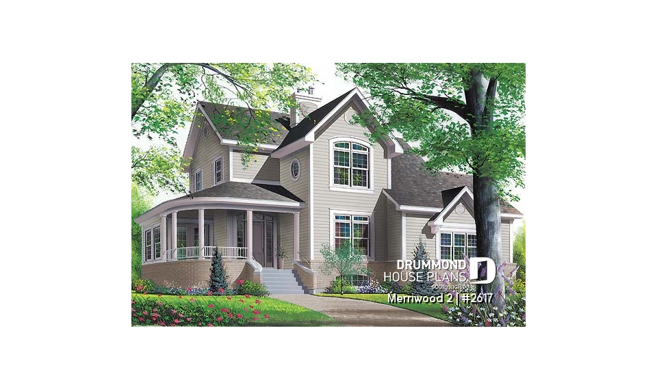 front - BASE MODEL - Country affordable 4 bedrooms home plan, master suite on main floor with private balcony, solarium room - Merriwood 2