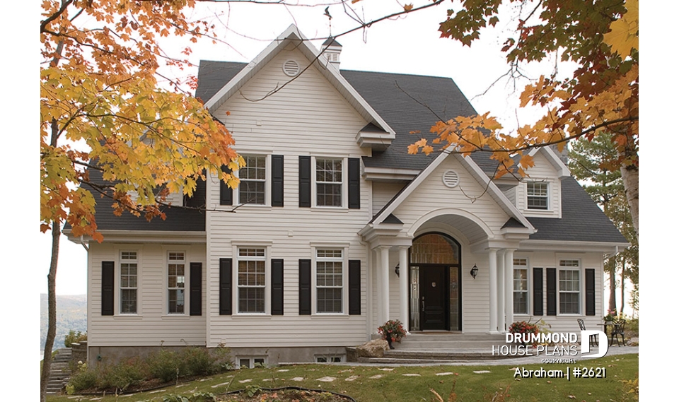 Color version 1 - Front - Big family house plan with 3-car garage, 4 bedrooms, main floor master suite, guest suite, formal dining - Abraham