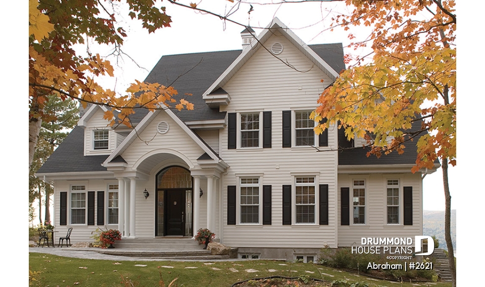 Color version 1 - Front - Big family house plan with 3-car garage, 4 bedrooms, main floor master suite, guest suite, formal dining - Abraham