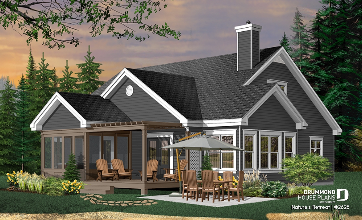 Color version 2 - Rear - Lakefront cottage style house plan, 2-car garage, master suite,  large family room - Nature's Retreat