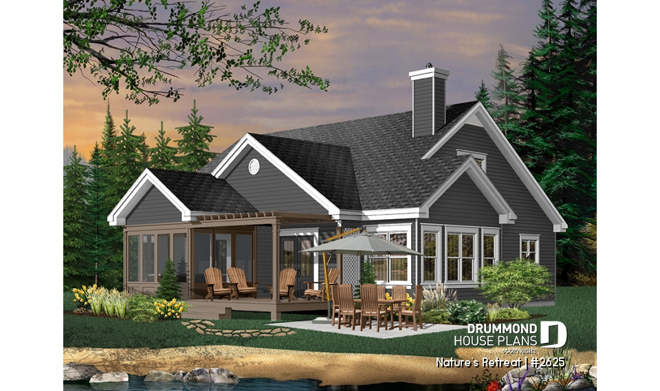 Color version 2 - Rear - Lakefront cottage style house plan, 2-car garage, master suite,  large family room - Nature's Retreat