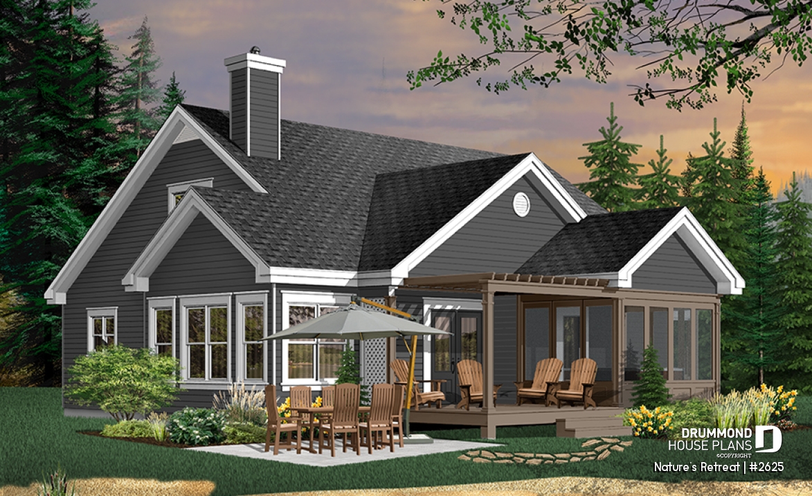 Color version 2 - Rear - Lakefront cottage style house plan, 2-car garage, master suite,  large family room - Nature's Retreat