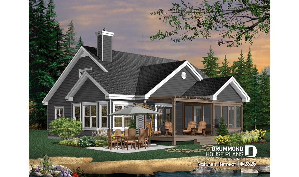 Color version 2 - Rear - Lakefront cottage style house plan, 2-car garage, master suite,  large family room - Nature's Retreat