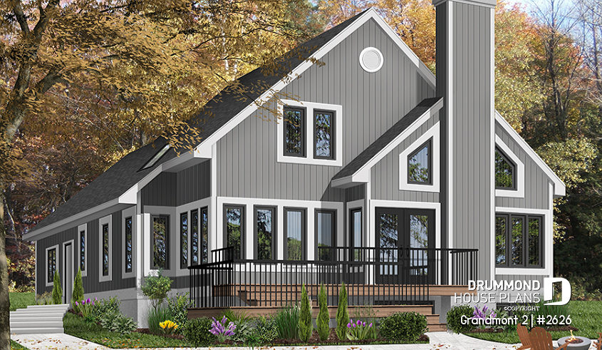 Color version 2 - Rear - 3 bedroom scandinavian cottage design with garage, master on main, sunroom, large terrace - Grandmont 2