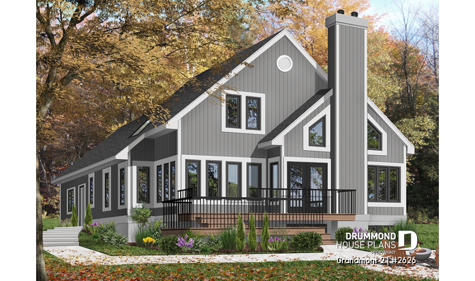 Color version 2 - Rear - 3 bedroom scandinavian cottage design with garage, master on main, sunroom, large terrace - Grandmont 2