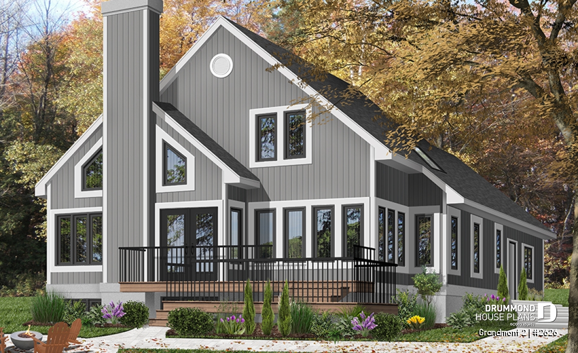 Color version 2 - Rear - 3 bedroom scandinavian cottage design with garage, master on main, sunroom, large terrace - Grandmont 2