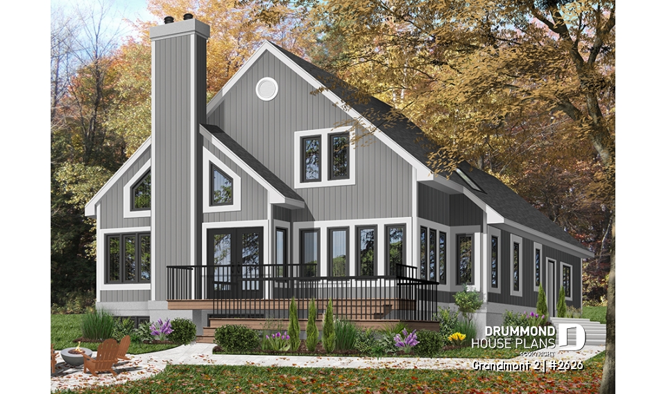 Color version 2 - Rear - 3 bedroom scandinavian cottage design with garage, master on main, sunroom, large terrace - Grandmont 2
