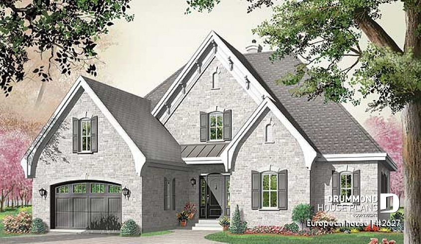 front - BASE MODEL - 9' ceiling on first floor, master suite on main floor, 3 to 5 bedrooms, home office, laundry room, fireplace - European house
