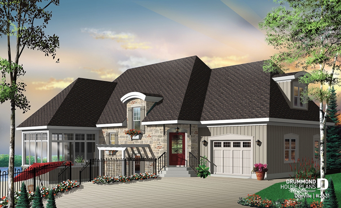 front - BASE MODEL - Lakefront Country home plan with game room, solarium &amp; open floor plan, 3 to 4 bed, 2 to 3 bath - Danville