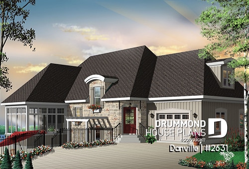 front - BASE MODEL - Lakefront Country home plan with game room, solarium & open floor plan, 3 to 4 bed, 2 to 3 bath - Danville