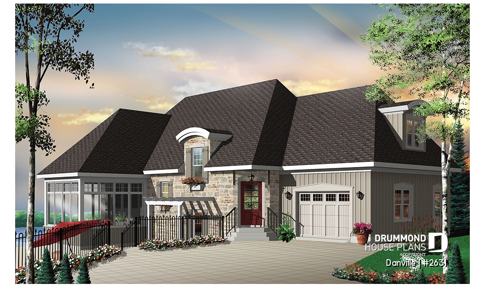 front - BASE MODEL - Lakefront Country home plan with game room, solarium &amp; open floor plan, 3 to 4 bed, 2 to 3 bath - Danville