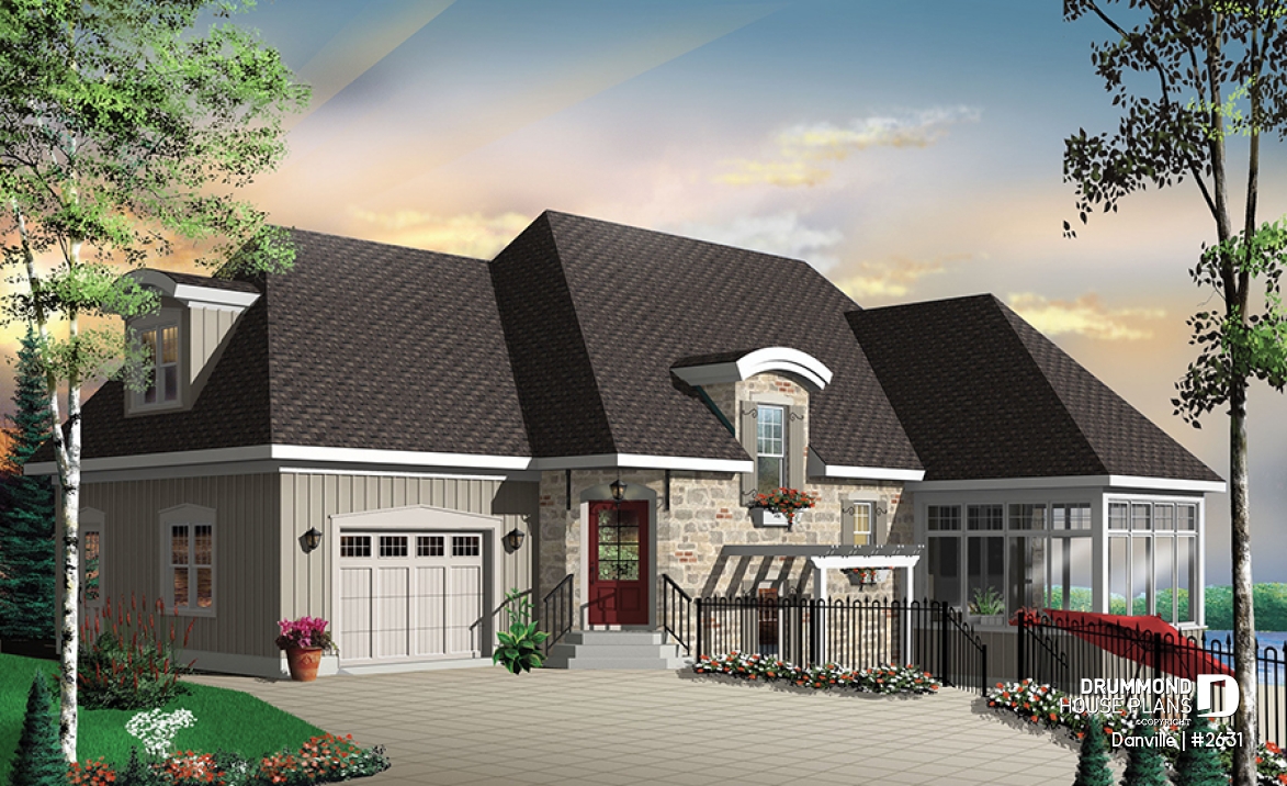 front - BASE MODEL - Lakefront Country home plan with game room, solarium &amp; open floor plan, 3 to 4 bed, 2 to 3 bath - Danville