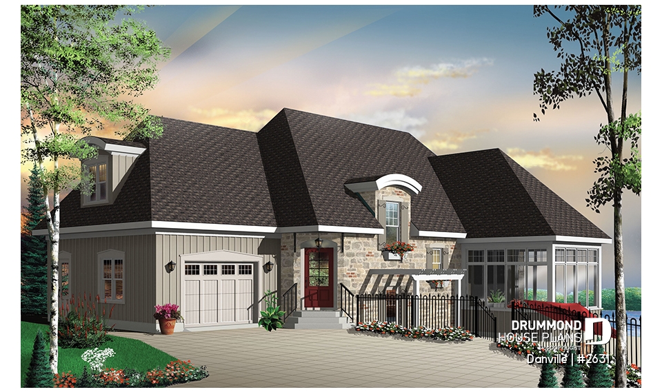 front - BASE MODEL - Lakefront Country home plan with game room, solarium &amp; open floor plan, 3 to 4 bed, 2 to 3 bath - Danville