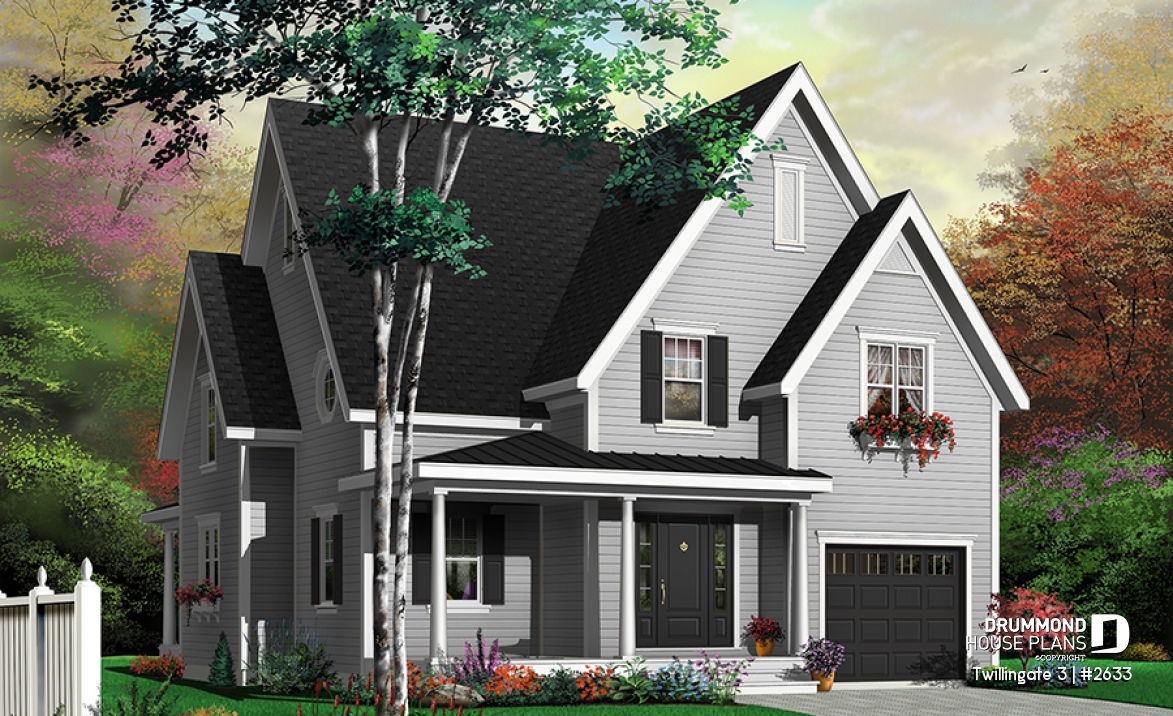 Color version 7 - Front - Tudor style cottage plan, 3 to 4 bedrooms, bonus room, laundry room on 2nd floor, open kitchen/dining/living - Twillingate 3