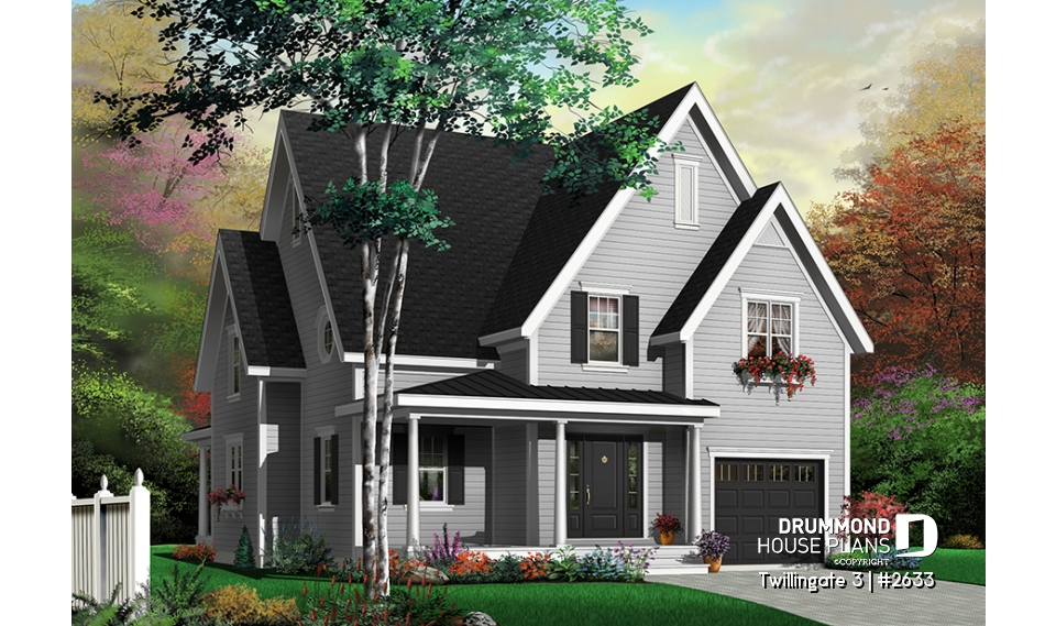 Color version 7 - Front - Tudor style cottage plan, 3 to 4 bedrooms, bonus room, laundry room on 2nd floor, open kitchen/dining/living - Twillingate 3