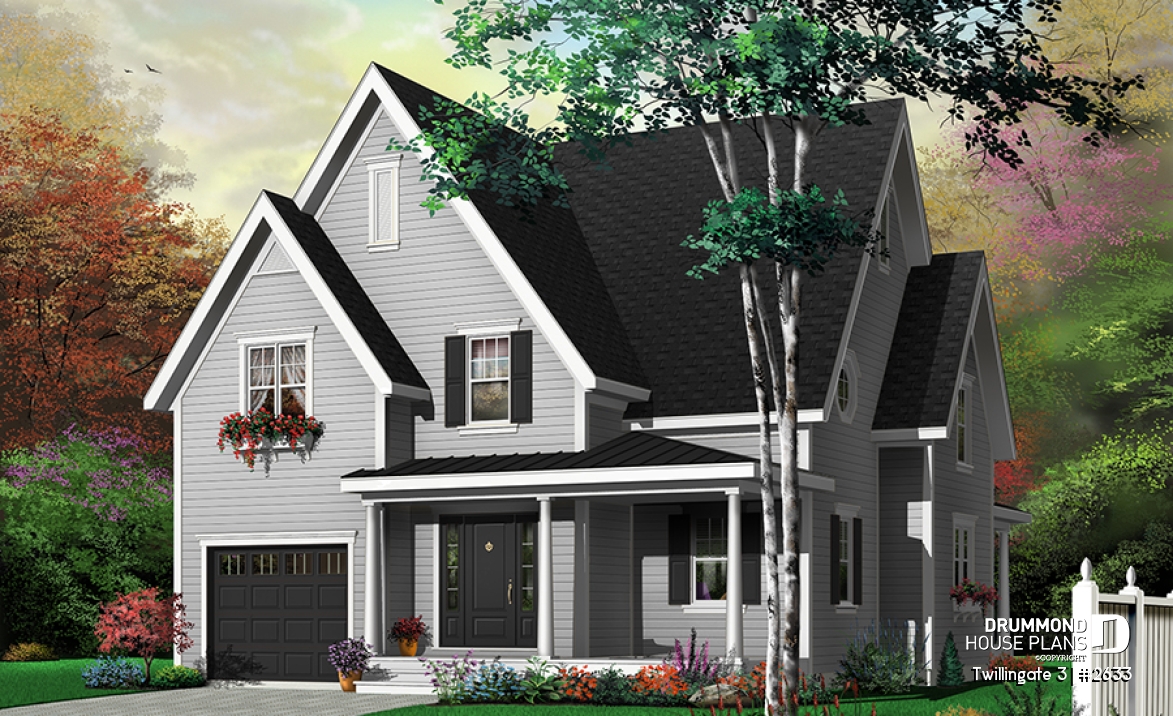 Color version 7 - Front - Tudor style cottage plan, 3 to 4 bedrooms, bonus room, laundry room on 2nd floor, open kitchen/dining/living - Twillingate 3