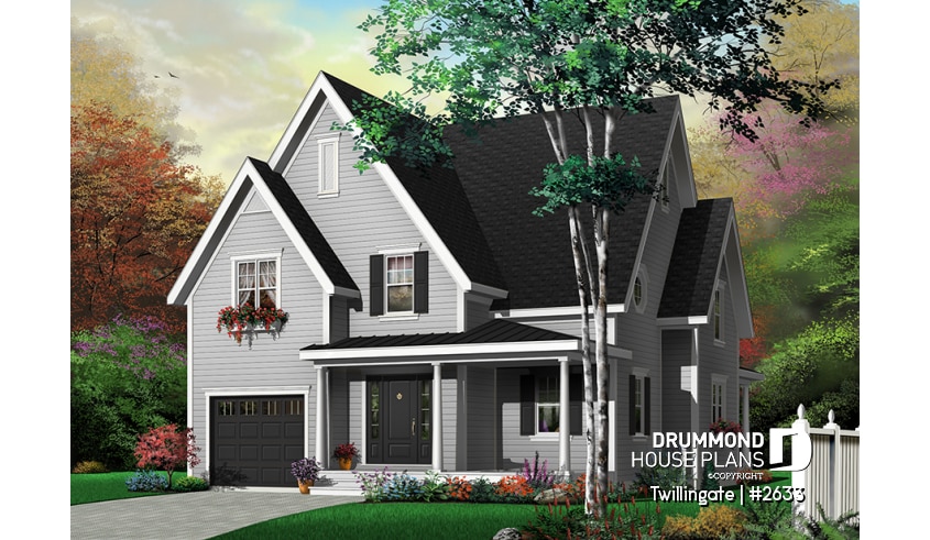 Color version 7 - Front - Tudor style cottage plan, 3 to 4 bedrooms, bonus room, laundry room on 2nd floor, open kitchen/dining/living - Twillingate 3