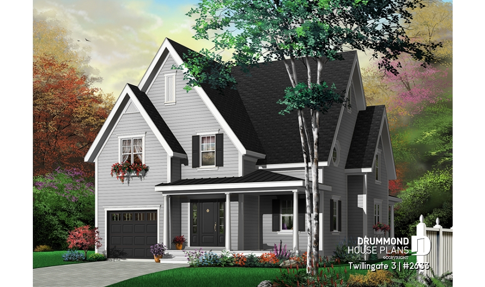 Color version 7 - Front - Tudor style cottage plan, 3 to 4 bedrooms, bonus room, laundry room on 2nd floor, open kitchen/dining/living - Twillingate 3