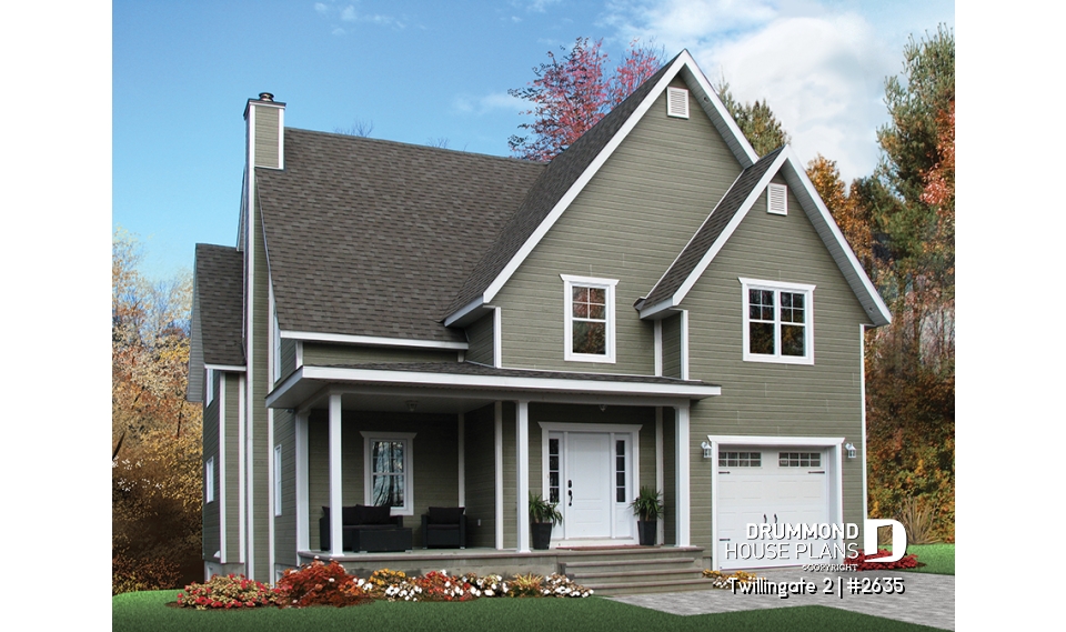 front - BASE MODEL - Tudor inspired home plan with garage, 3 to 4 bedrooms, open floor plan with fireplace and bonus room - Twillingate 2