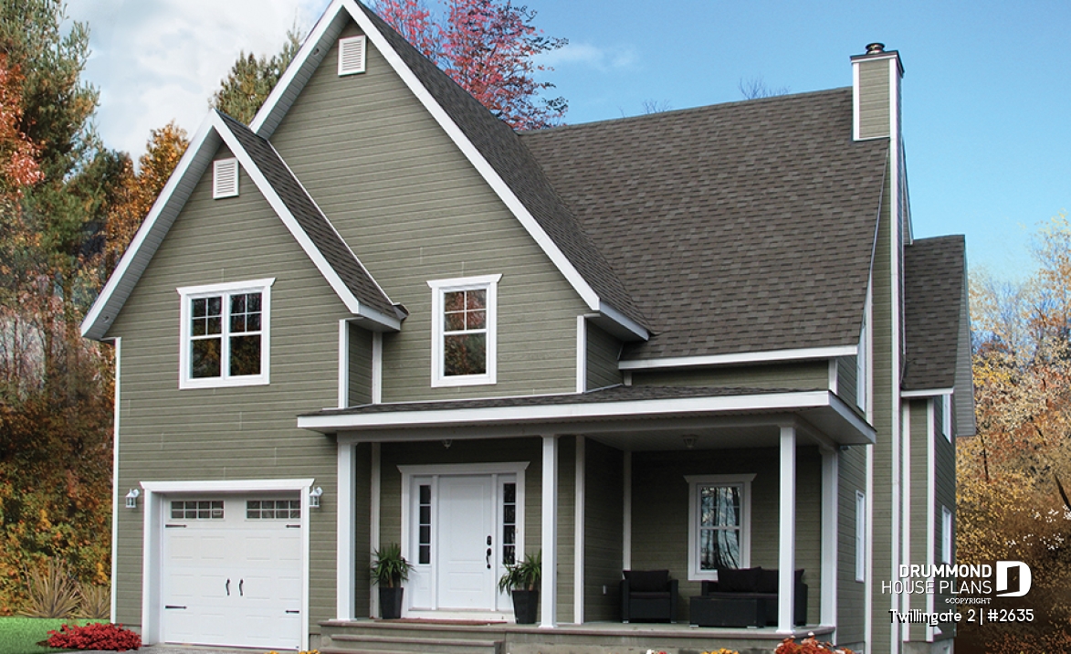 front - BASE MODEL - Tudor inspired home plan with garage, 3 to 4 bedrooms, open floor plan with fireplace and bonus room - Twillingate 2