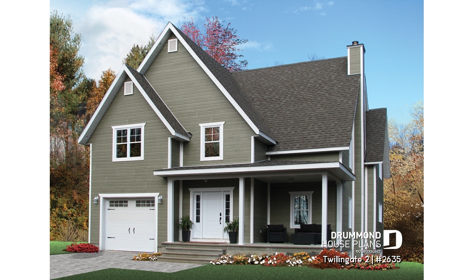 front - BASE MODEL - Tudor inspired home plan with garage, 3 to 4 bedrooms, open floor plan with fireplace and bonus room - Twillingate 2