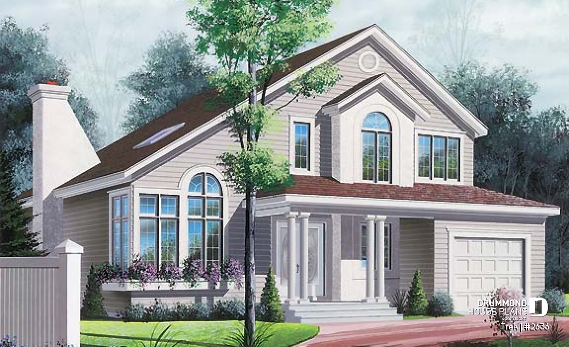 front - BASE MODEL - Modern 3 to 4 bedroom home, mezzanine, great family room with fireplace, one-car garage - Trek